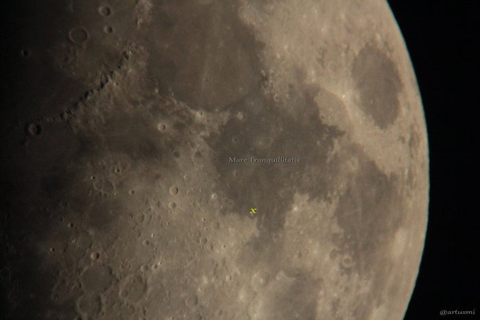 Landestelle von Apollo 11 (gelbes x) auf dem Mond - 29. Mai 2012 um 21:39 Uhr
