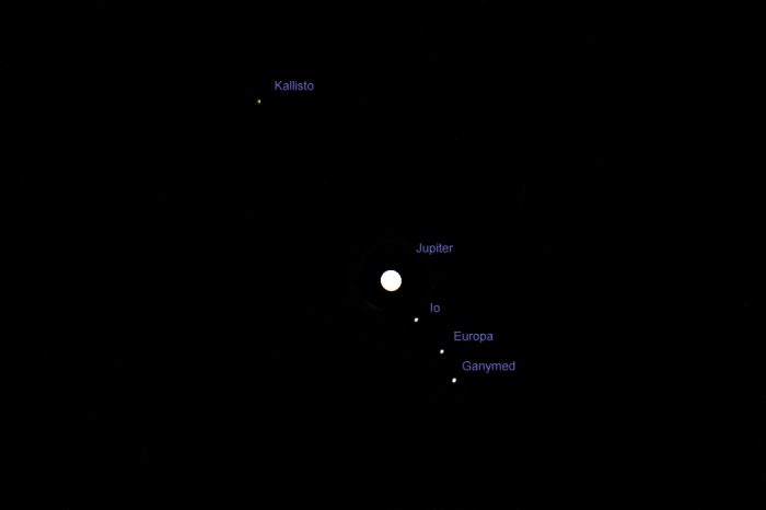 Jupiter und die vier Galileischen Monde am 7. April 2013 um 22:10 Uhr