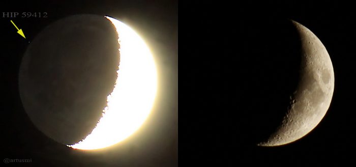 Bedeckung des Sterns HIP 59412 durch den Mond - Mond mit und ohne Erdlicht am 21. Juli 2015 um 21:43 Uhr