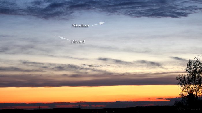 Schmale Mondsichel und Merkur am 8. April 2016 um 20:26 Uhr