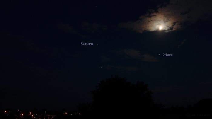 Saturn, Mond und Mars am 14. Juli 2016 um 22:36 Uhr am Südwesthimmel