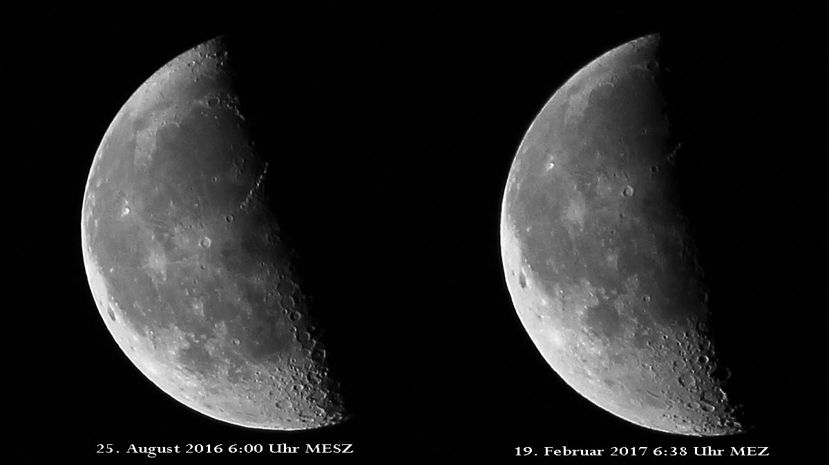 Libration: Vergleich Blick auf Mond-Nordpol und Mond-Südpol am abnehmenden Mond