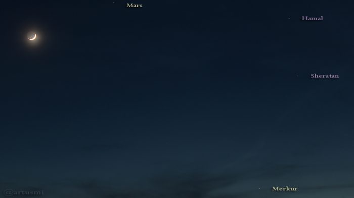 Mars, Mond und Merkur am 30. März 2017 um 20:43 Uhr