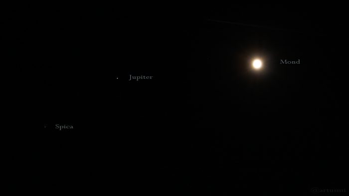Mond, Jupiter und Spica am 10. April 2017 um 02:43 Uhr