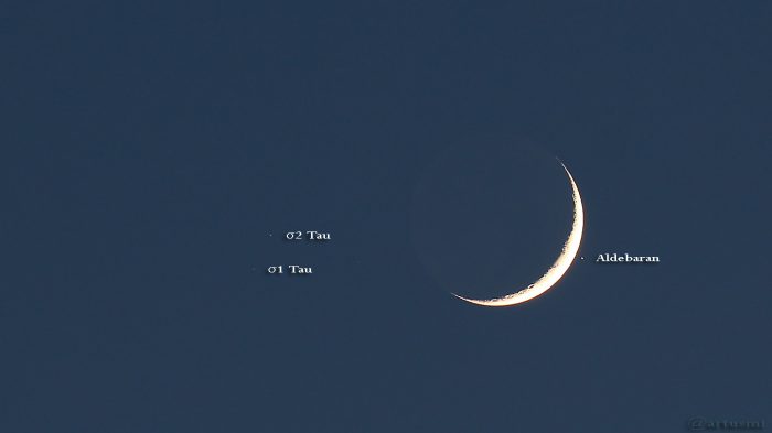 Mondsichel und Aldebaran am 28. April 2017 um 21:13 Uhr