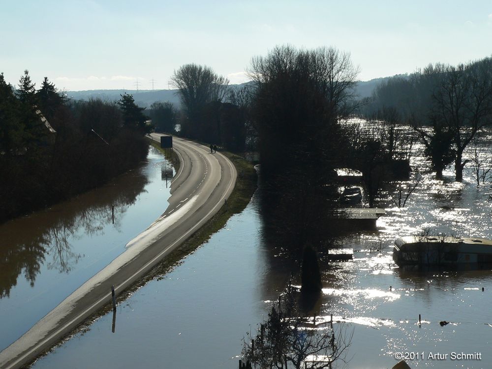 Hochwasser am 16.01.2011. Überflutete B 13 und Gärten bei Sommerhausen.