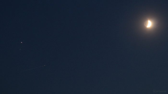 Konstellation Jupiter - Zubenelgenubi - Mond am 16. August 2018 um 21:36 Uhr am Südwesthimmel