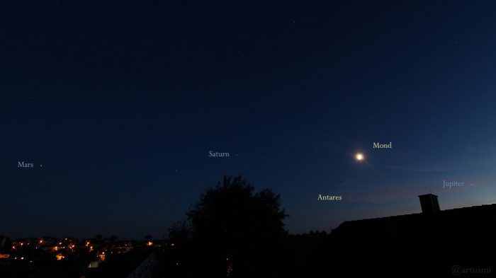 Mars, Saturn, Antares, Mond und Jupiter am 15. September 2018 um 20:25 Uhr