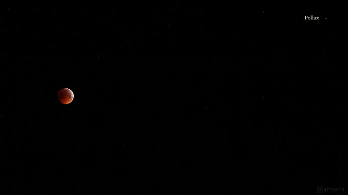 Totale Mondfinsternis am 21. Januar 2019 um 05:43 Uhr mit Pollux
