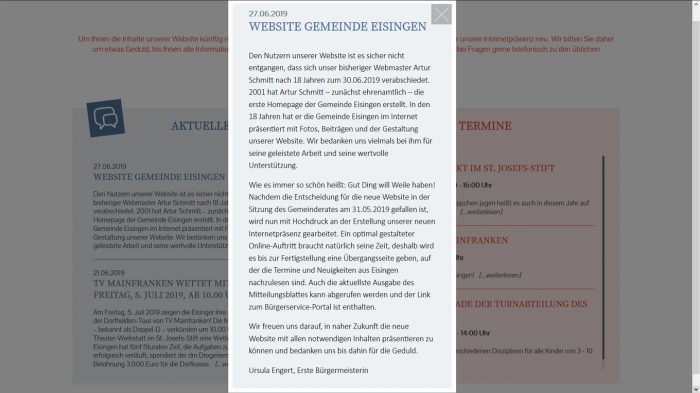 Webmasterwechsel zum 30. Juni 2019 in Eisingen. Quelle: Eisingen.de