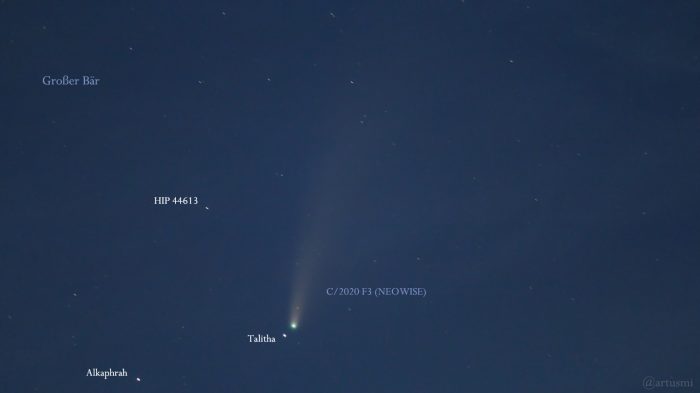 Komet C/2020 F3 (NEOWISE) am 18. Juli 2020 um 22:58 Uhr am Nordwesthimmel von Eisingen