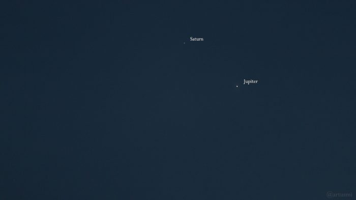 Saturn und Jupiter am 14. Dezember 2020 - eine Woche vor der Großen Konjunktion - am Südwesthimmel von Eisingen
