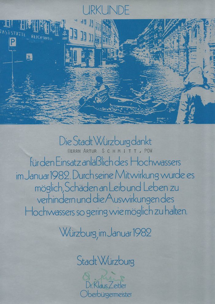 Urkunde der Stadt Würzburg für den Einsatz anlässlich des Hochwassers im Januar 1982