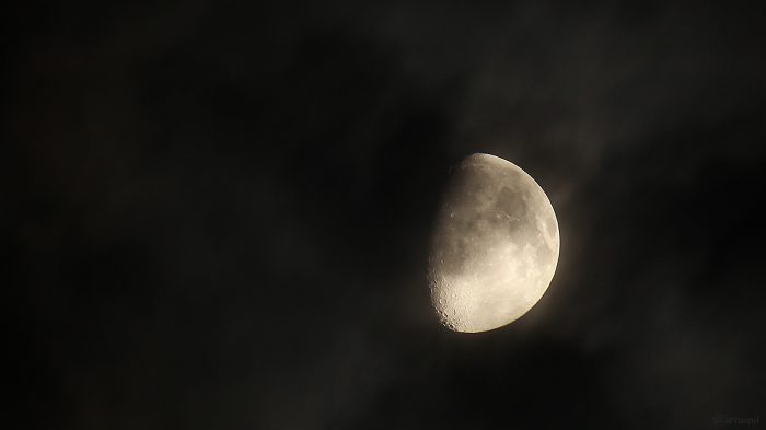 Goldener Henkel am zunehmenden Mond hinter Wolken am 22. Mai 2021