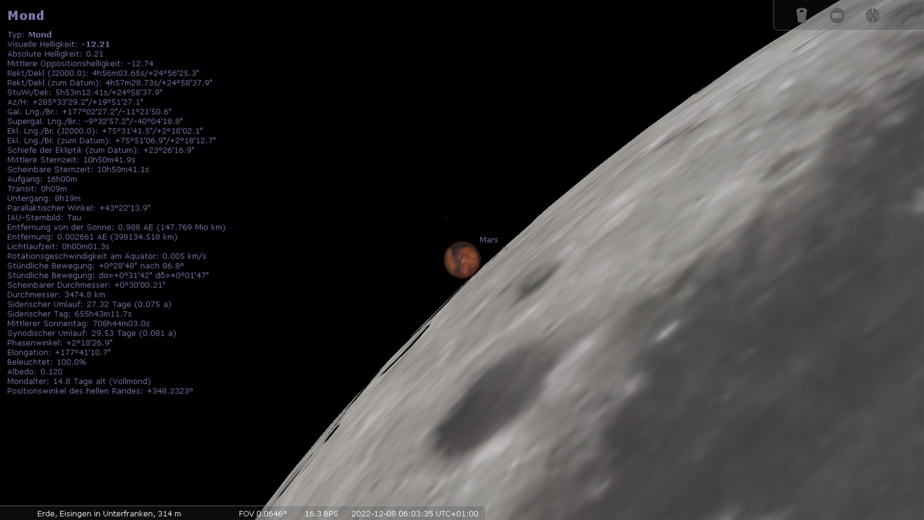 Beginn der Bedeckung des Mars durch den Erdmond am 8. Dezember 2022 um 06:03:35 Uhr