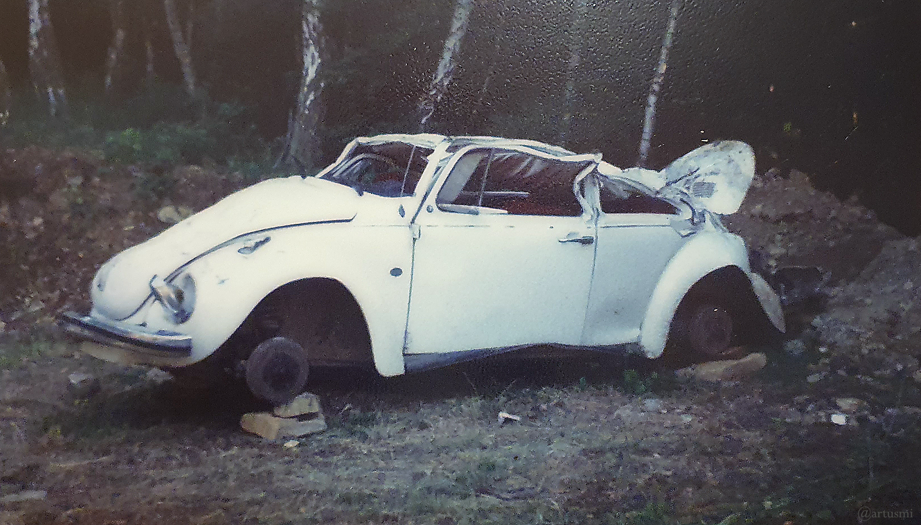 Verunfallter VW-Käfer am 8. Juni 1979 im Steinbruch am Riedsweg in Goßmannsdorf