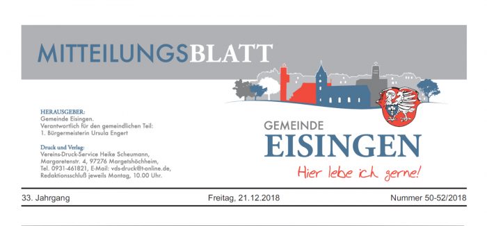 Letzte PDF-Ausgabe des Mitteilungsblatts der Gemeinde Eisingen in Unterfranken durch Vereins-Druck-Service Heike Scheumann, Margetshöchheim