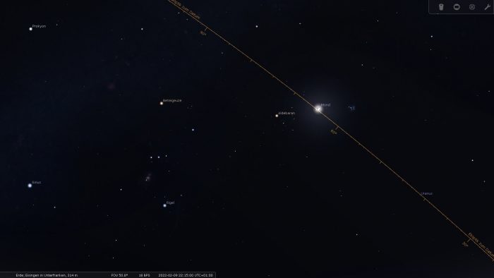 Der Südwesthimmel von Eisingen am 9. Februar 2022 mit eingezeichneter Ekliptik