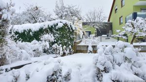 Schnee im Frühling - Unser Garten am 2. April 2022