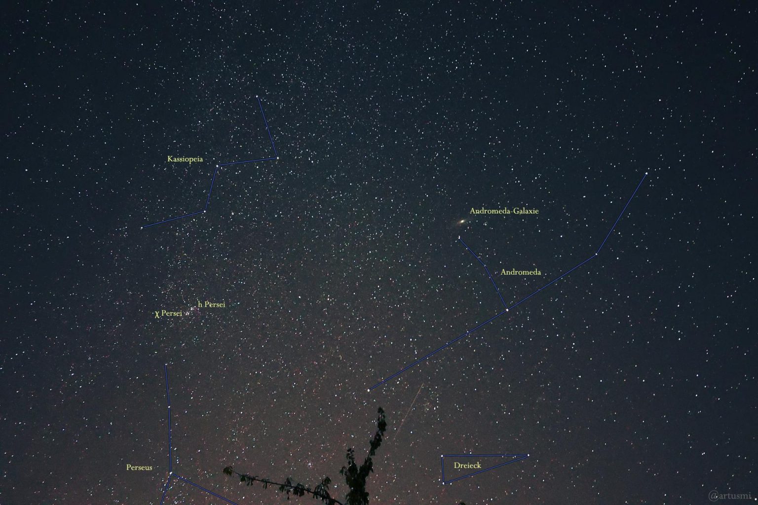 Sternbilder Kassiopeia, Andromeda, Perseus und Dreieck am 22. August 2022 am Osthimmel von Eisingen