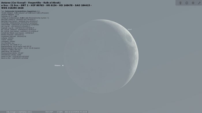 Mond und Antares am 18. Oktober 2023 in Eisingen kurz vor der Bedeckung