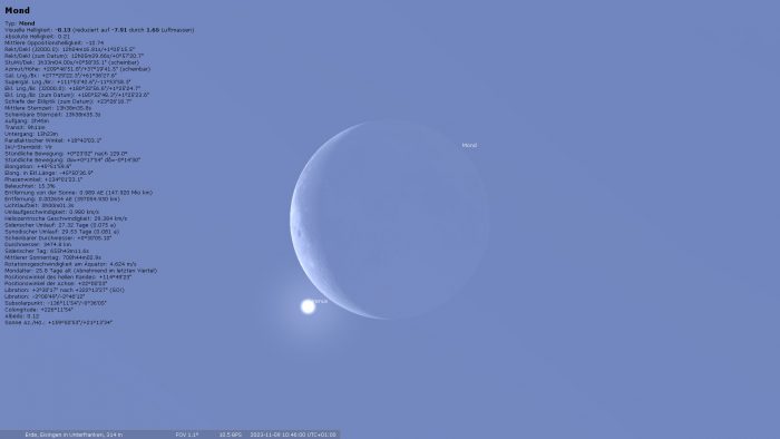 Mond und Venus am 9. November 2023 in Eisingen kurz vor der Bedeckung