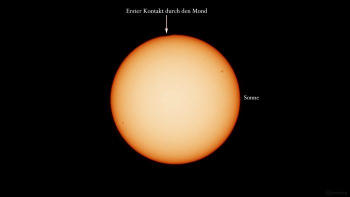 Die Sonne zu Beginn der partiellen Sonnenfinsternis