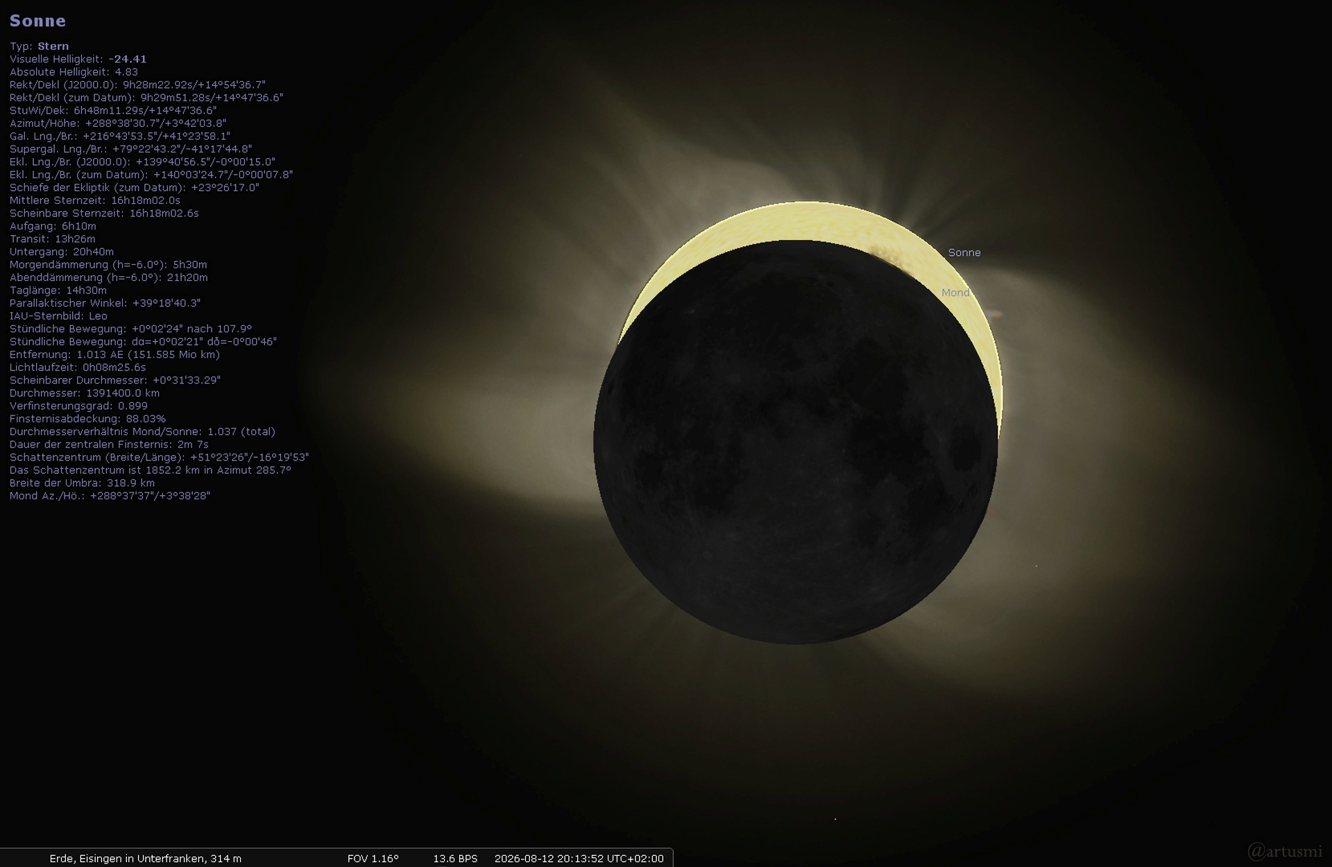 Maximum der partiellen Sonnenfinsternis in Eisingen am 12. August 2026