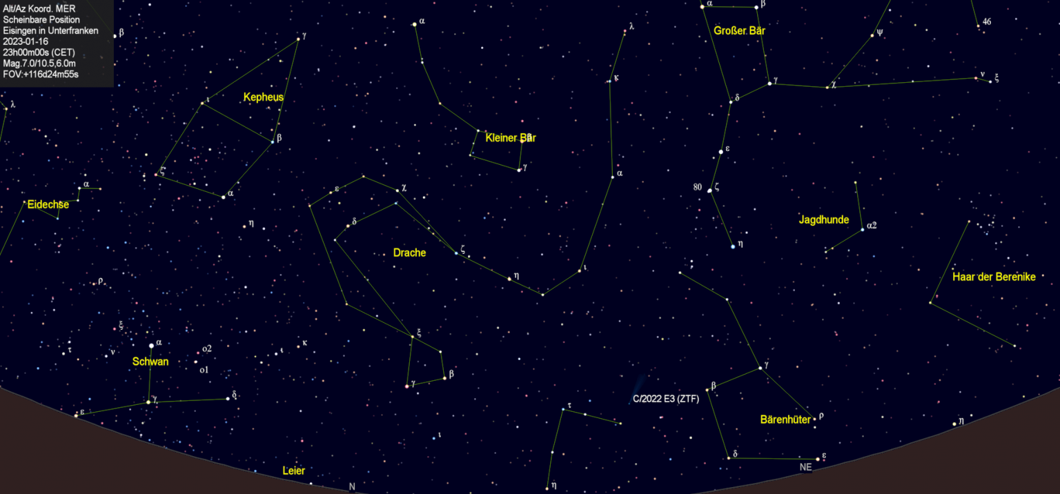Scheinbare Position des Kometen C/2022 E3 (ZTF) in der Nacht vom 16. Januar 2023.