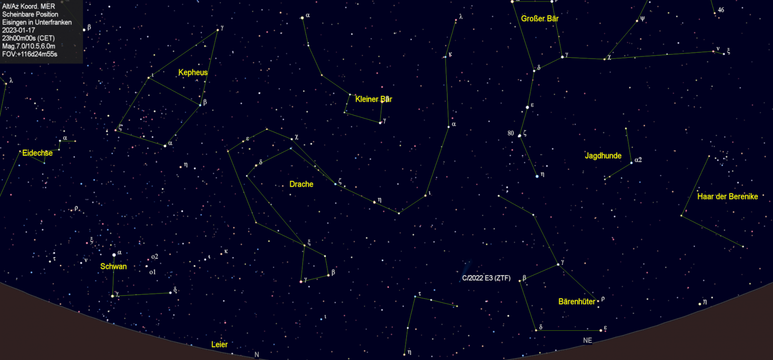 Scheinbare Position des Kometen C/2022 E3 (ZTF) in der Nacht vom 17. Januar 2023.