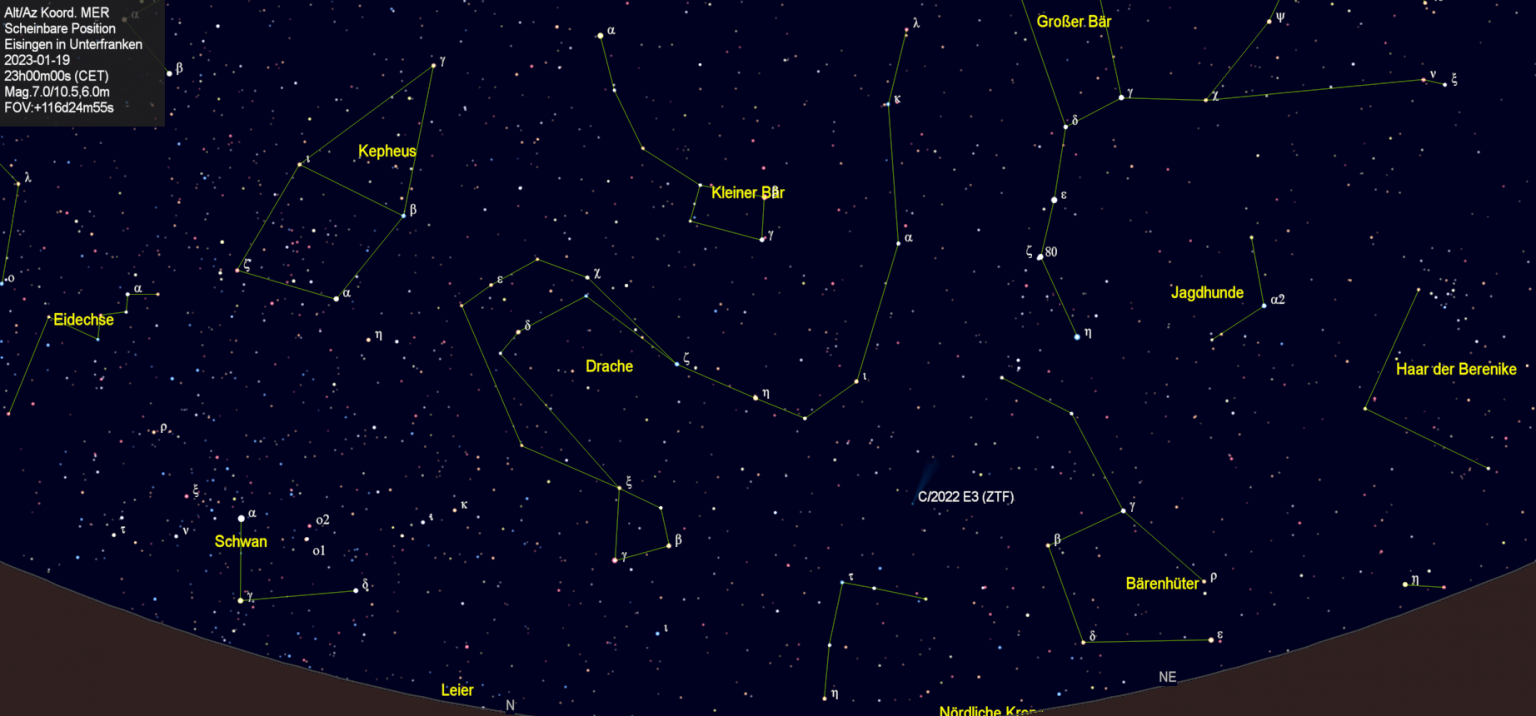 Scheinbare Position des Kometen C/2022 E3 (ZTF) in der Nacht vom 19. Januar 2023.