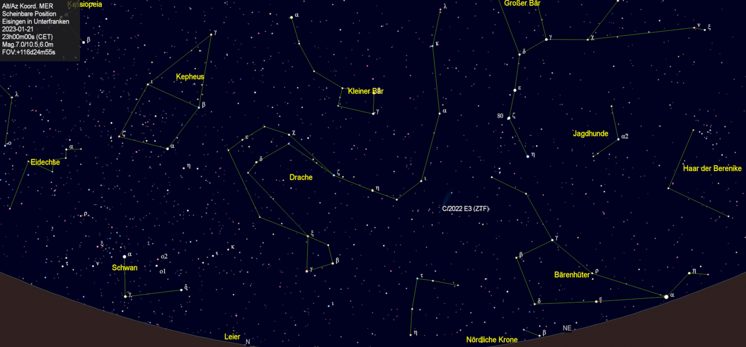 Scheinbare Position des Kometen C/2022 E3 (ZTF) in der Nacht vom 21. Januar 2023.