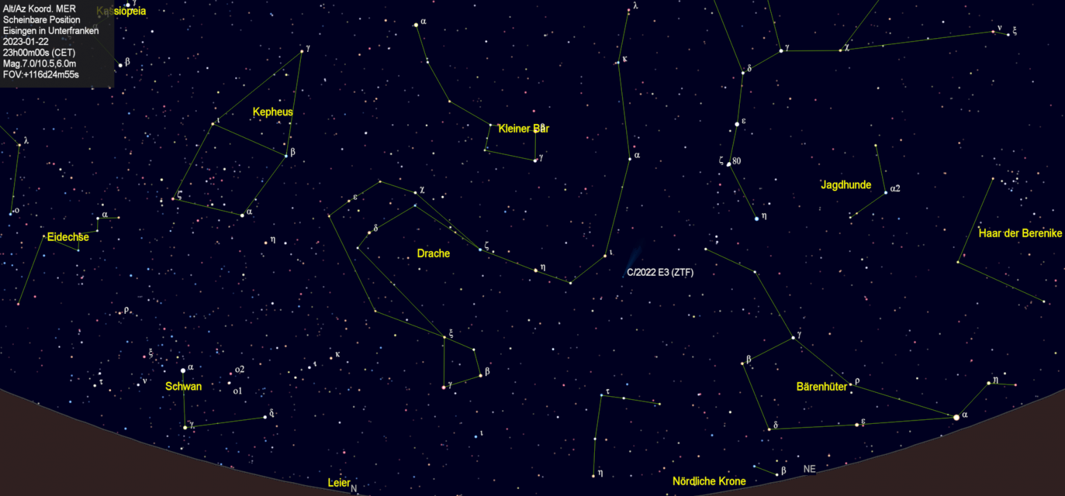 Scheinbare Position des Kometen C/2022 E3 (ZTF) in der Nacht vom 22. Januar 2023.