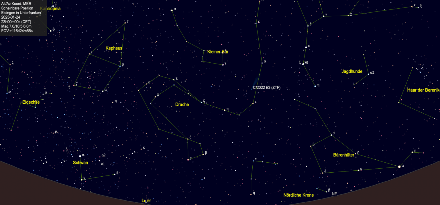Scheinbare Position des Kometen C/2022 E3 (ZTF) in der Nacht vom 24. Januar 2023.
