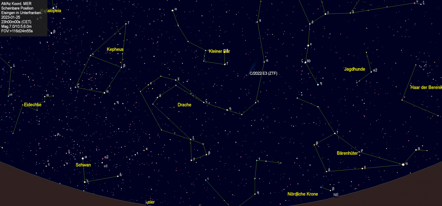 Scheinbare Position des Kometen C/2022 E3 (ZTF) in der Nacht vom 25. Januar 2023.