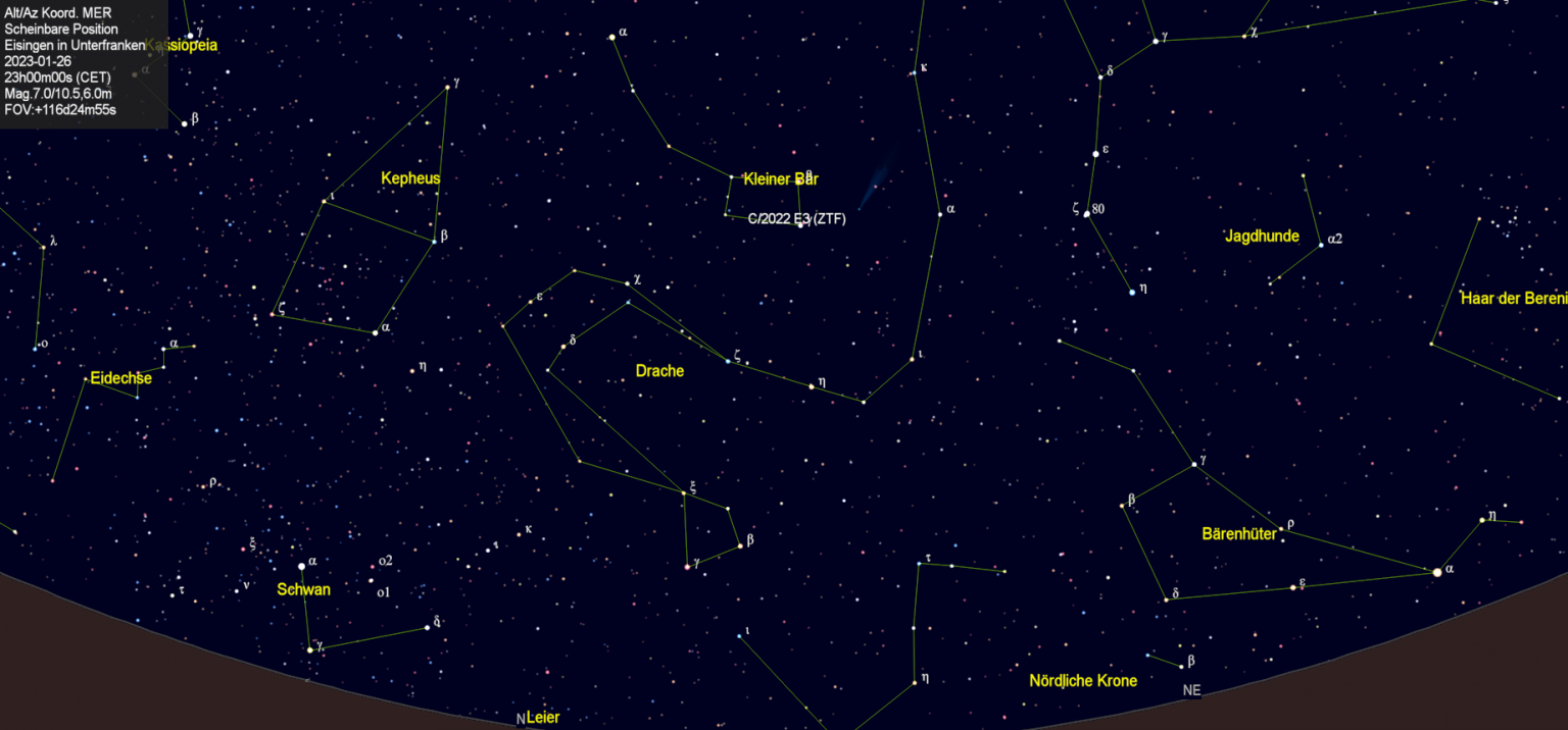Scheinbare Position des Kometen C/2022 E3 (ZTF) in der Nacht vom 26. Januar 2023.