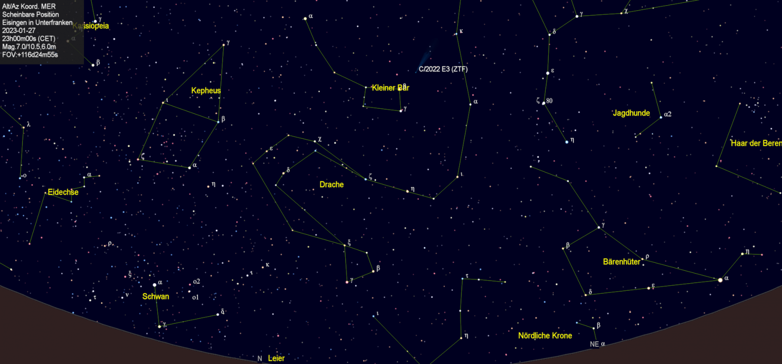 Scheinbare Position des Kometen C/2022 E3 (ZTF) in der Nacht vom 27. Januar 2023.