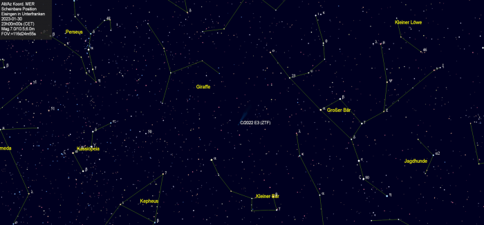 Scheinbare Position des Kometen C/2022 E3 (ZTF) in der Nacht vom 30. Januar 2023.