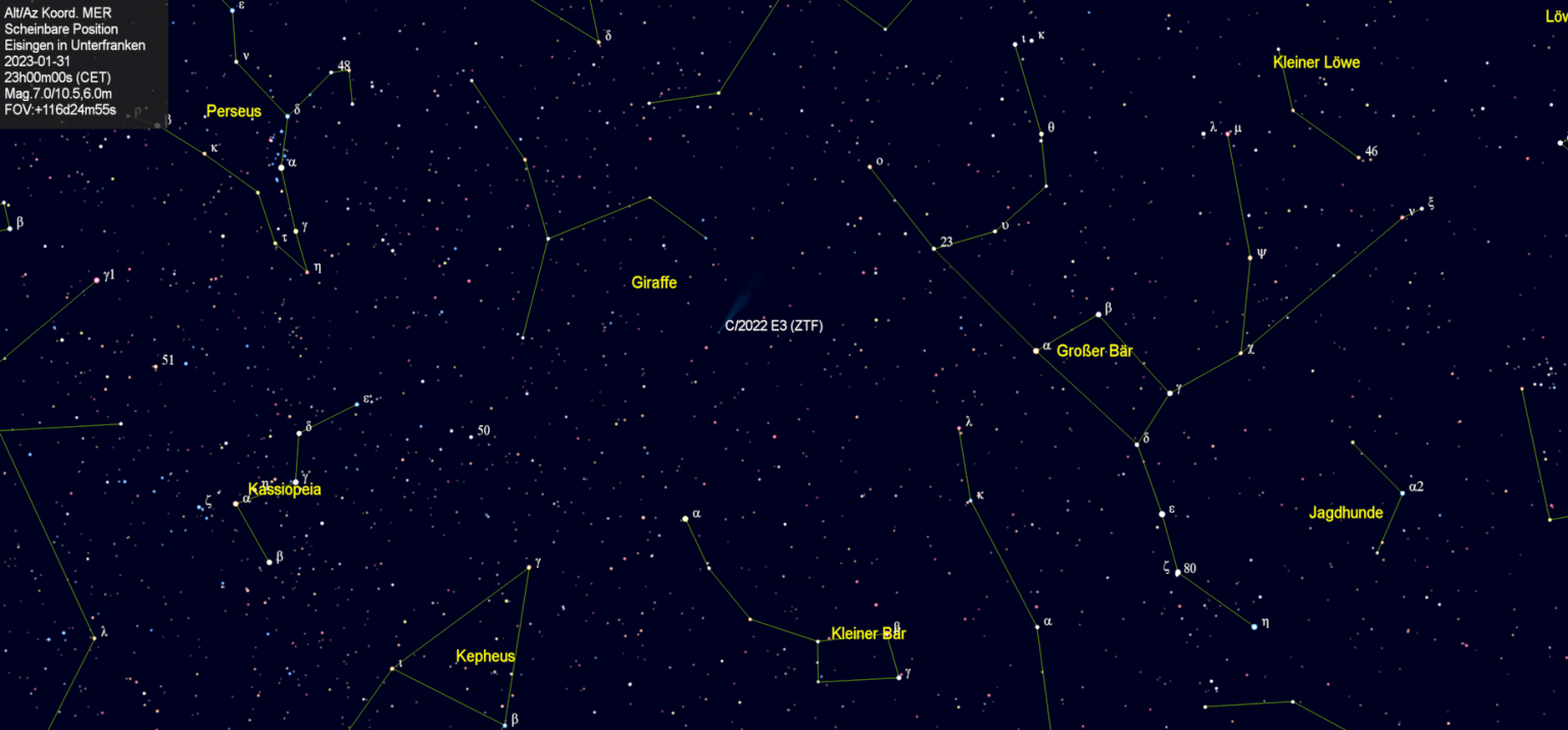 Scheinbare Position des Kometen C/2022 E3 (ZTF) in der Nacht vom 31. Januar 2023.