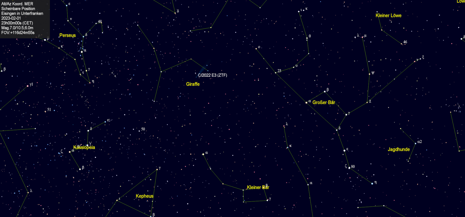 Scheinbare Position des Kometen C/2022 E3 (ZTF) in der Nacht vom 1. Februar 2023.