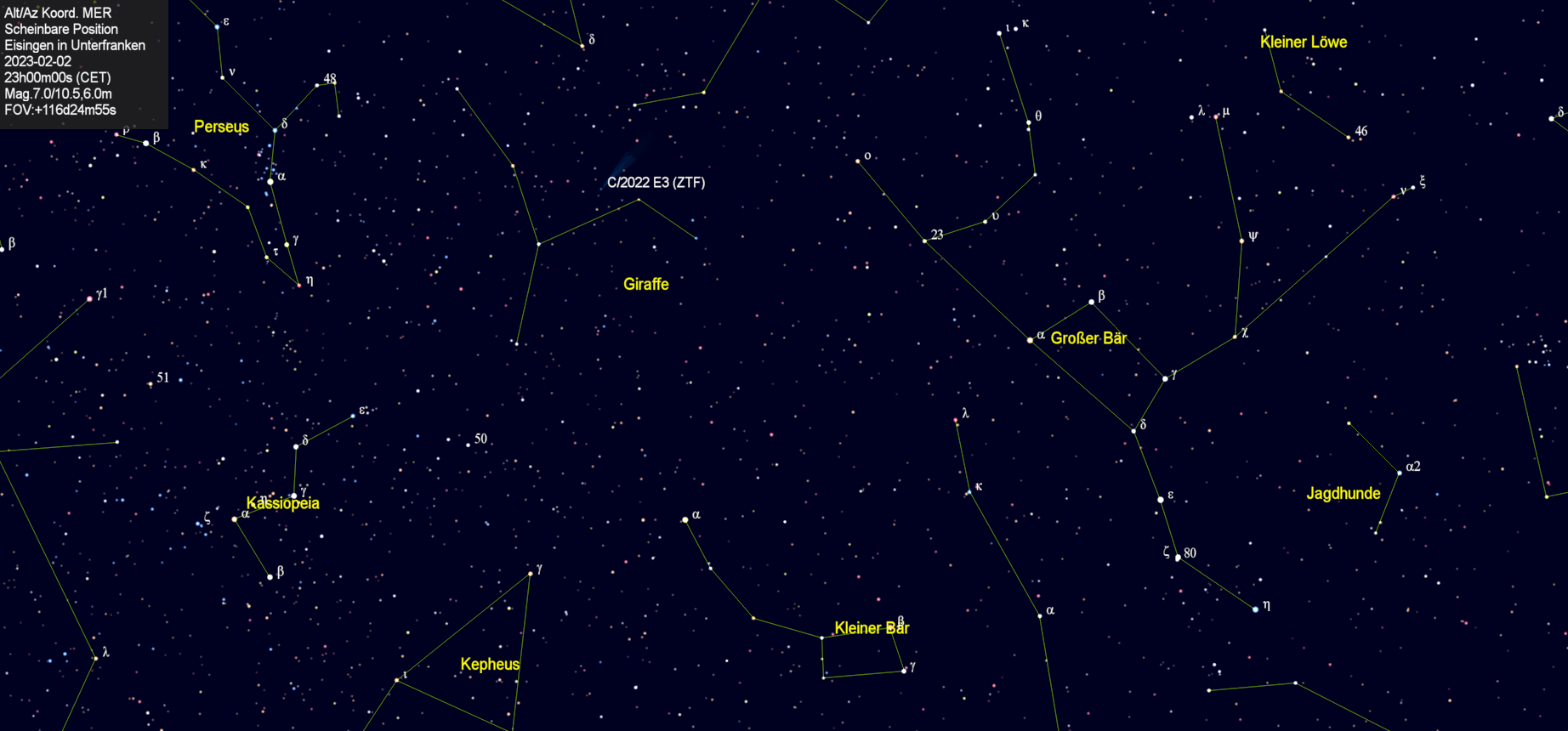 Scheinbare Position des Kometen C/2022 E3 (ZTF) in der Nacht vom 2. Februar 2023.