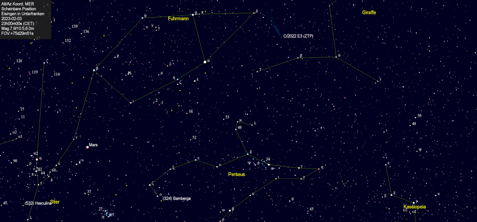 Scheinbare Position des Kometen C/2022 E3 (ZTF) in der Nacht vom 3. Februar 2023.