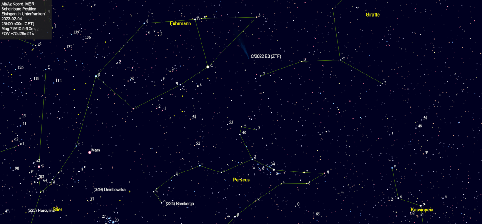 Scheinbare Position des Kometen C/2022 E3 (ZTF) in der Nacht vom 4. Februar 2023.