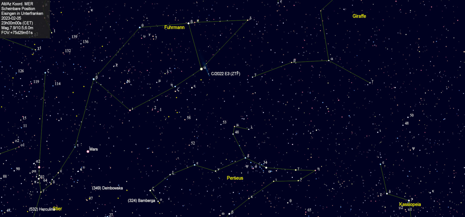 Scheinbare Position des Kometen C/2022 E3 (ZTF) in der Nacht vom 5. Februar 2023.