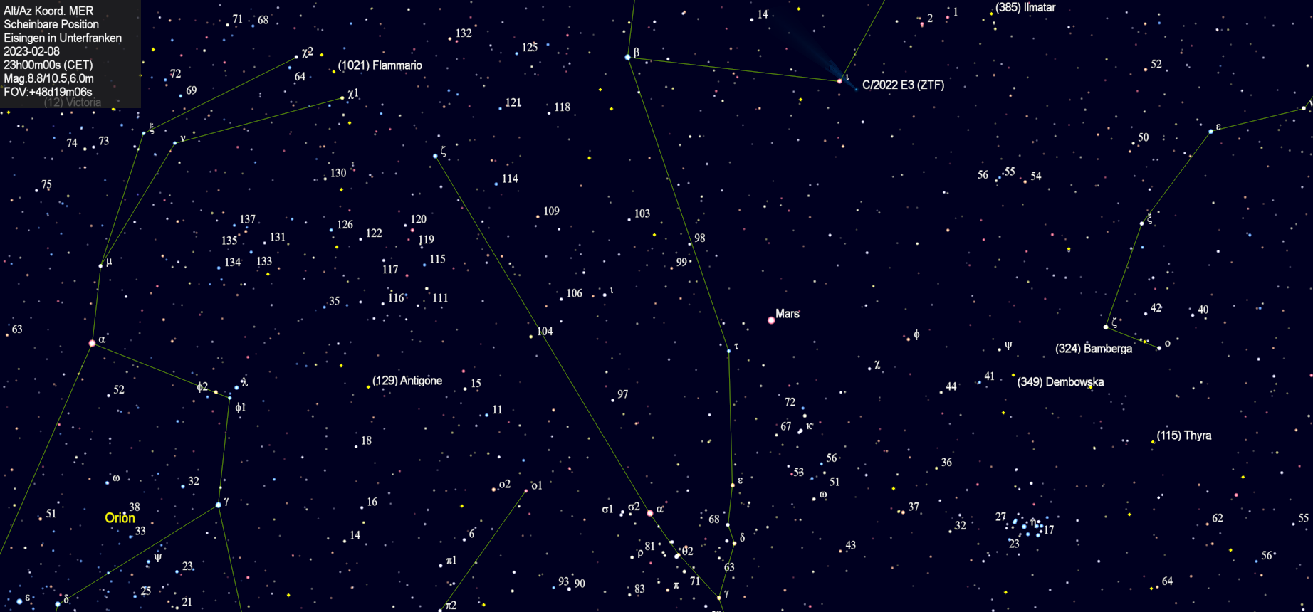 Scheinbare Position des Kometen C/2022 E3 (ZTF) in der Nacht vom 8. Februar 2023.