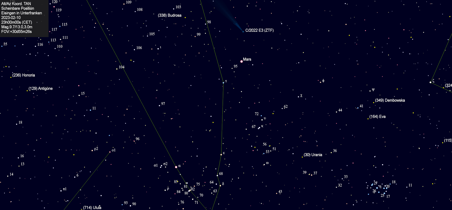 Scheinbare Position des Kometen C/2022 E3 (ZTF) in der Nacht vom 10. Februar 2023.
