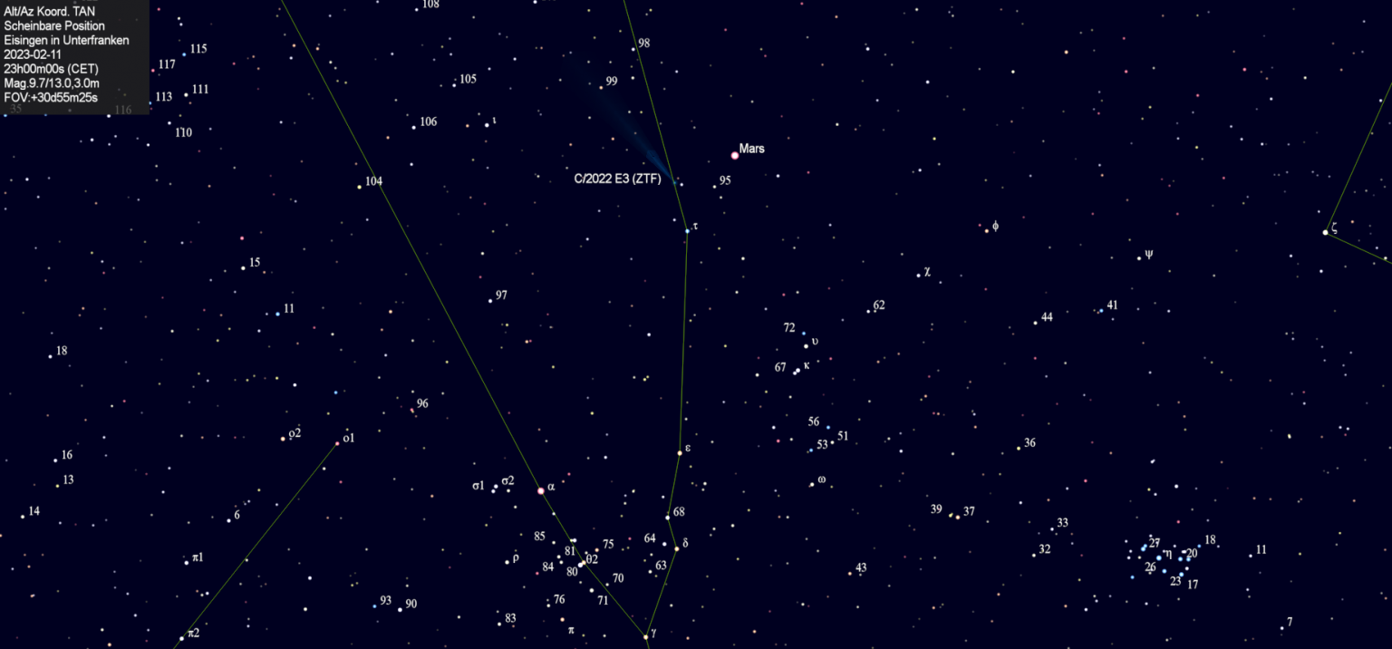 Scheinbare Position des Kometen C/2022 E3 (ZTF) in der Nacht vom 11. Februar 2023.