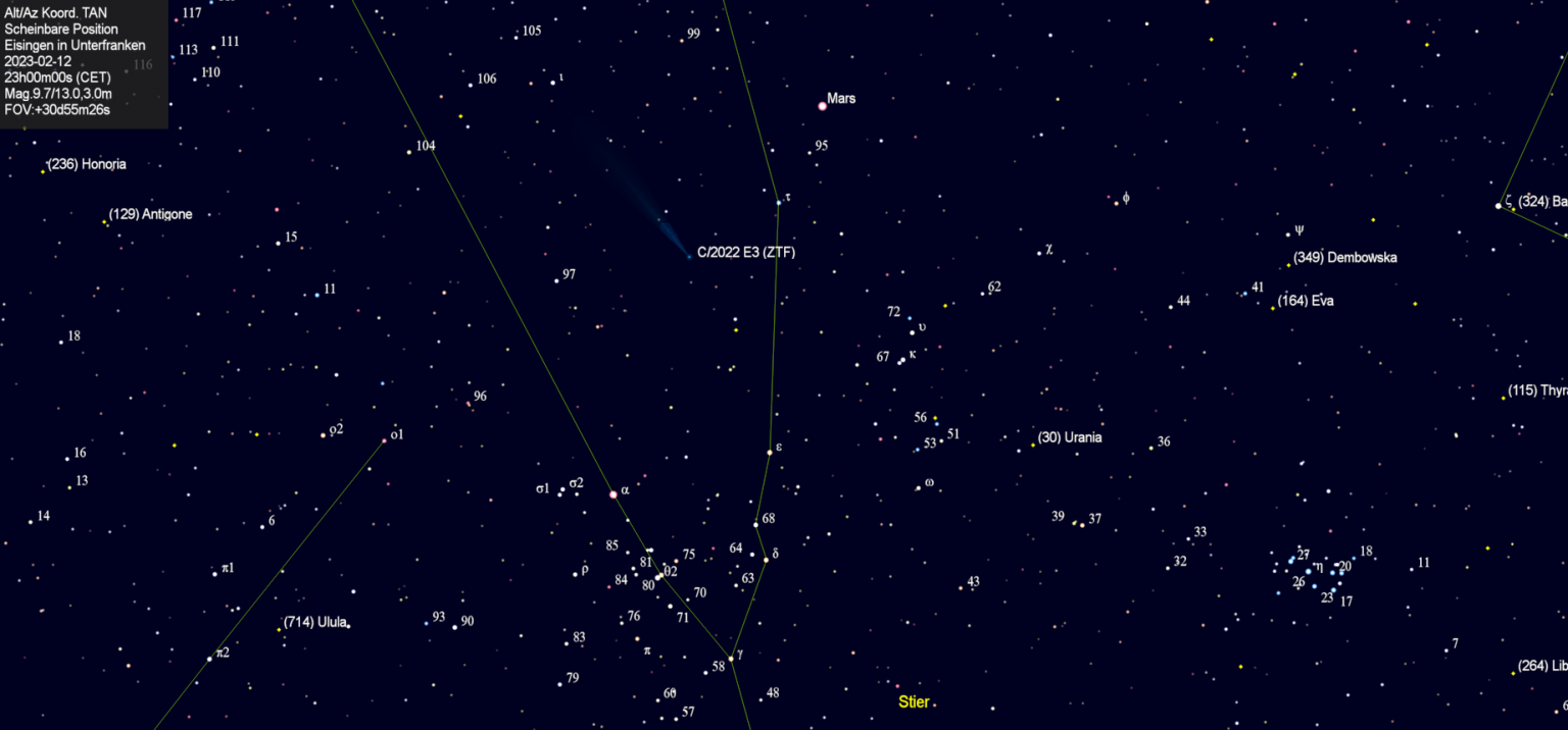 Scheinbare Position des Kometen C/2022 E3 (ZTF) in der Nacht vom 12. Februar 2023.