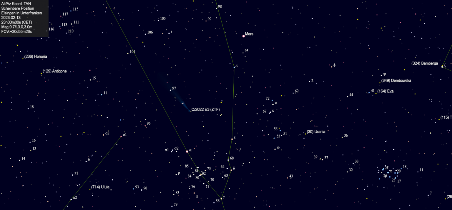Scheinbare Position des Kometen C/2022 E3 (ZTF) in der Nacht vom 13. Februar 2023.
