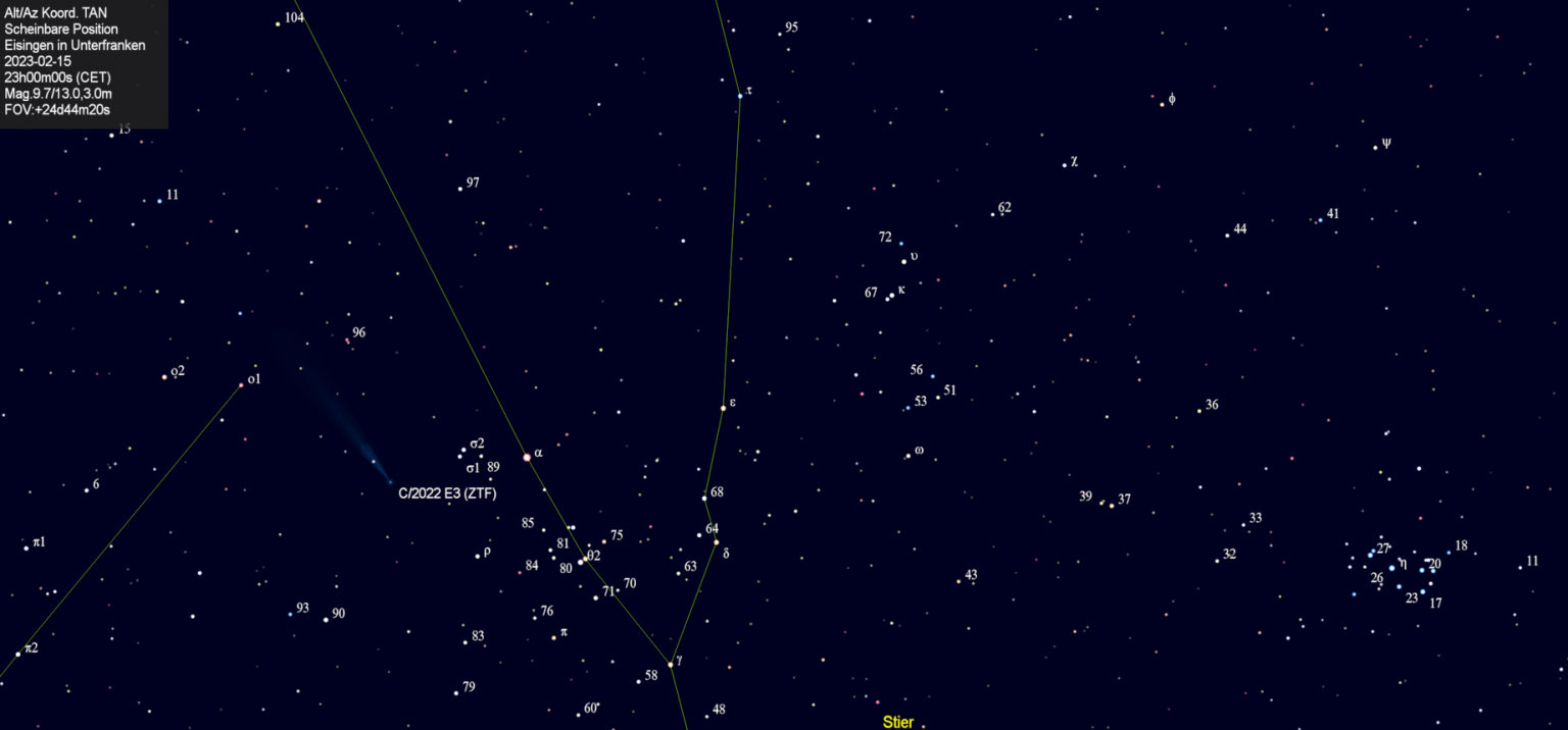 Scheinbare Position des Kometen C/2022 E3 (ZTF) in der Nacht vom 15. Februar 2023.